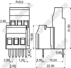 KF129B-5.0-02P-14 клеммник винтовой, двухрядный, прямой; шаг=5,00мм; H=31,50мм; I max=20/24А; U=300/250В; 2-конт.