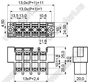 KF37S-13.0-15P-13 клеммник барьерный, двухсторонние зажимы, корпус с монтажными ушами, с крышкой на защелках; шаг=13мм; I max=50/57А (стандарт UL/ICT); U=600/750В (стандарт UL/ICT); 15-конт.