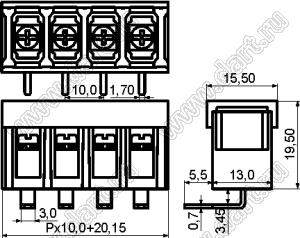 KF58R-10.0-05P-13 (DG58R-B-05P-13) клеммник барьерный на плату угловой с крышкой; шаг 10мм; 5-позиц.; I max=30А; U=300В