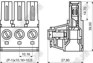 KF2EDGSK-10.16-03P-14 розетка на провод; шаг=10,16мм; I max=65/57А (UL/ICT); U=600/1000В (UL/ICT); 3-конт.