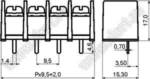 KF45S-9.5-14P-13 (DG45S-B-14P-13) клеммник барьерный, выводы прямые в плату; шаг=9,5мм; I max=30/32А (стандарт UL/ICT); U=300/750В (стандарт UL/ICT); 14-конт.