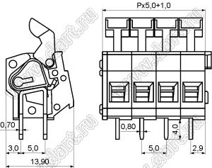 KF242R-5.0-2-01P-11 (DG242R-5.0-01P-11) клеммник нажимной; шаг=5мм; H=13,95мм; I max=15/17А; U=300/450В