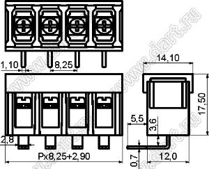 KF38R-8.25-10P-13 (DG38R-B-10P-13) клеммник барьерный, выводы угловые в плату, с крышкой; шаг=8,25мм; I max=20/24А (стандарт UL/ICT); U=300/450В (стандарт UL/ICT); 10-конт.