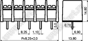 KF35C-8,25-13P-13 (DG35C-B-13P-13) клеммник барьерный, выводы прямые в плату по центру сечения; шаг=8,25мм; I max=20/24А (стандарт UL/ICT); U=300/450В (стандарт UL/ICT); 13-конт.