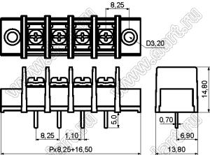 KF35CM-8.25-15P-13 (DG35C-A-15P-13) клеммник барьерный, выводы прямые в плату по центру сечения, корпус с монтажными ушами; шаг=8,25мм; I max=20/24А (стандарт UL/ICT); U=300/450В (стандарт UL/