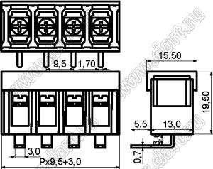 KF48R-9.5-05P-13 (DG48R-B-05P-13) клеммник барьерный, выводы угловые в плату, с крышкой; шаг=9,5мм; I max=30/32А (стандарт UL/ICT); U=300/750В (стандарт UL/ICT); 5-конт.