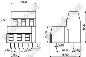 KF127B-5.0-02P-14 клеммник винтовой, двухрядный, прямой; шаг=5,00мм; H=19,20мм; I max=10/15А; U=300/250В; 2-конт.