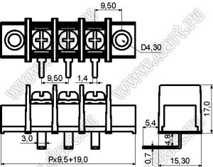 KF45RM-9.5-18P-13 (DG45R-A-18P-13) клеммник барьерный, выводы угловые в плату, корпус с монтажными ушами; шаг=9,5мм; I max=30/32А (стандарт UL/ICT); U=300/750В (стандарт UL/ICT); 18-конт.