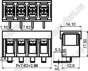 KF28R-7.62-14P-13 (DG28R-B-14P-13) клеммник барьерный, выводы угловые в плату, с крышкой; шаг=7,62мм; I max=20/24А (стандарт UL/ICT); U=300/250В (стандарт UL/ICT); 14-конт.
