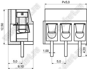 KF300-5.0-03P-12 клеммник винтовой, однорядный, прямой; шаг=5,00мм; H=12,50мм; I max=16/17А; U=300/250В; 3-конт.