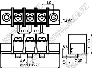 KF65RM-11.0-20P-13 (DG65R-A-20P-13) клеммник барьерный, выводы угловые в плату, корпус с монтажными ушами; шаг=11мм; I max=30/32А (стандарт UL/ICT); U=600/750В (стандарт UL/ICT); 20-конт.