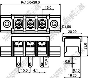 KF78HM-13.0-11P-13 (DG78H-A-11P-13) клеммник барьерный, выводы на провод, корпус с монтажными ушами, с крышкой; шаг=13мм; I max=30/41А (стандарт UL/ICT); U=600/750В (стандарт UL/ICT); 11-конт.