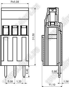 KF129H-5.08-02P-14 клеммник винтовой, однорядный, прямой; шаг=5,08мм; H=31,50мм; I max=20/24А; U=300/250В; 2-конт.