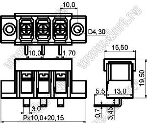 KF58RM-10.0-04P-13 (DG58R-A-04P-13) клеммник барьерный на плату угловой с монтажными ушами с крышкой; шаг 10мм; 4-позиц.; I max=30А; U=300В