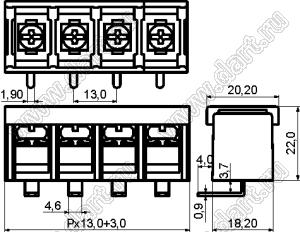 KF78R-13.0-20P-13 (DG78R-B-20P-13) клеммник барьерный, выводы угловые в плату, с крышкой; шаг=13мм; I max=30/41А (стандарт UL/ICT); U=600/750В (стандарт UL/ICT); 20-конт.