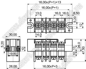 KF47S-16.0-15P-13 клеммник барьерный, двухсторонние зажимы, корпус с монтажными ушами, с крышкой на защелках; шаг=16мм; I max=65/76А (стандарт UL/ICT); U=600/1000В (стандарт UL/ICT); 15-конт.