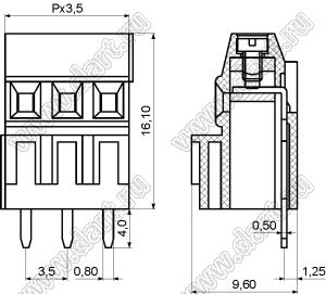 KF128H-3.5-03P-14 клеммник винтовой, однорядный, прямой; шаг=3,5мм; I max=10/10А; U=300/130В; 3-конт.