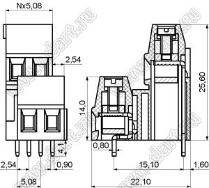 KF128A-5.08-02P-14 клеммник винтовой, двухрядный, прямой; шаг=5,08мм; I max=10/24А; U=300/250В; 2-конт.