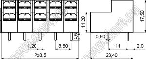 KF8500HL-11P-13 клеммник барьерный на плату прямой двухрядный; шаг=8,5мм; I max=20/24А (стандарт UL/ICT); U=300/450В (стандарт UL/ICT); 11-позиц.