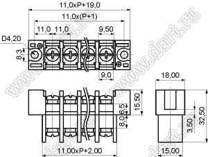 KF27-11.0-15P-13 клеммник барьерный, двухсторонние зажимы, шаг 11.00 мм, корпус с монтажными ушами; шаг=11мм; I max=30/32А (стандарт UL/ICT); U=300/750В (стандарт UL/ICT); 15-конт.