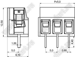 KF305-5.0-03P-12 клеммник винтовой, однорядный, прямой; шаг=5,00мм; H=12,50мм; I max=16/17А; U=300/250В; 3-конт.