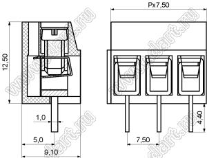 KF375-7.5-02P-12 клеммник винтовой, однорядный, прямой; шаг=7,50мм; H=12,50мм; I max=16/17А; U=300/450В; 2-конт.