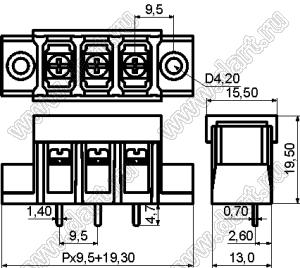 KF48SM-9.5-24P-13 (DG48S-A-24P-13) клеммник барьерный, выводы прямые в плату, корпус с монтажными ушами, с крышкой; шаг=9,5мм; I max=30/32А (стандарт UL/ICT); U=300/750В (стандарт UL/ICT); 24-