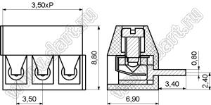 KF350R-3.5-03P-14 клеммник винтовой, однорядный, угловой; шаг=3,50мм; H=6,90мм; I max=10/10А; U=300/130В; 3-конт.