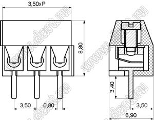 KF350-3.5-02P-14 клеммник винтовой, однорядный, прямой; шаг=3,50мм; H=8,80мм; I max=10/10А; U=300/130В; 2-конт.