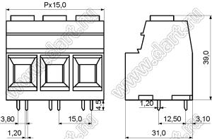 KF137T-15.0-03P-14 клеммник винтовой, однорядный, прямой; шаг=15,00мм; H=39,00мм; I max=125/115А; U=600/1000В; 3-конт.