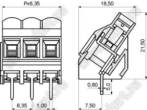 KF635S-6.35-03P-14 клеммник винтовой, однорядный, с входами проводов под углом 45 град; шаг=6,35мм; H=21,50мм; I max=30/32А; U=300/450В; 3-конт.
