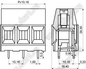 KF136T-10.16-02P-14 клеммник винтовой, однорядный, прямой; шаг=10,16мм; шаг=10,16мм; H=29,30мм; I max=65/57А (стандарт UL/ICT); U=600/750В (стандарт UL/ICT); 2-конт.