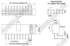 2214R1-34G-85 (PBD-34R1) розетка двухрядная угловая (гнездо) на плату для монтажа в отверстия, высота изолятора 8,5 мм; шаг 2,54 x 2,54 мм, 2х17 конт. с фиксатором