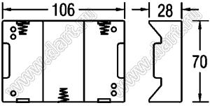 BH131B отсек батарейный; Dx3; 106x28x70мм; с клипсами "под "Крону"; открытый