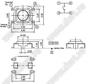 TS-307KF (T/R) кнопка тактовая SMD; 3,3x3,3x1,5мм; материал толкателя латунь; в ленте на катушке