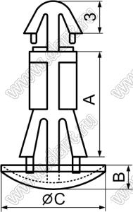 RCS-13.8 фиксатор платы с двумя защелками; A=13,8мм; B=2,25мм; C=10,0мм; D=4,0мм; S=1,7мм; d отв.=5,0мм; t=0,8...1,8мм; нейлон-66; натуральный