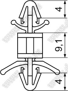 LCBJ-9 фиксатор платы с двумя защелками; dп=4,0мм; s=1,6мм; d отв.=4,0мм; t=1,6мм; нейлон-66 (UL); натуральный