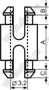 SSDU-9.6 фиксатор платы с двумя защелками; A=9,6мм; B=1,85мм; C=1,85мм; E=1,2мм; F=1,2мм; dп=5,2мм; d отв.=5,2мм; нейлон-66 (UL); натуральный