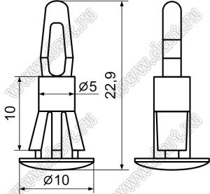 PCBT-10 фиксатор платы с двумя защелками; D=4,0мм; S=1,6мм; d отв.=5,5мм; t=1,5...1,7мм; нейлон-66; натуральный