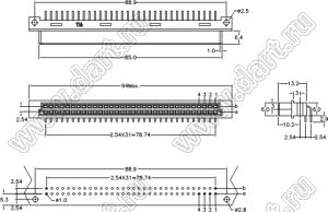 9001-34641C00L1A (DIN 41612-64AB-FR) розетка угловая с замком в плату толщиной 1,6…2,0 мм 2-х рядная; 64-конт.; P=2,54мм