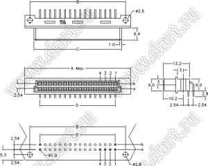 9001-38101C00L2A (DIN 41612-10A-FR) розетка угловая с замком в плату толщиной 2,8…3,2 мм 2-х рядная; 10-конт.; P=2,54мм