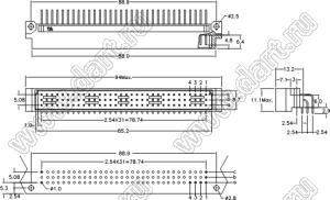 9001-21481C00L2A (DIN 41612-48ABC-MR) вилка угловая с замком в плату толщиной 2,8…3,2 мм 3-х рядная; 48-конт.; P=5,08мм