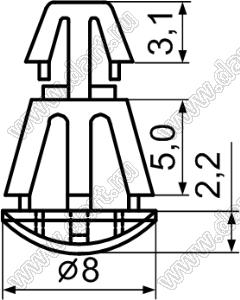 RCF-5S фиксатор платы с двумя защелками; A=5,0мм; D=4,0мм; S=1,2...1,7мм; d отв.=6,0мм; t=0,8...2,0мм; нейлон-66; натуральный