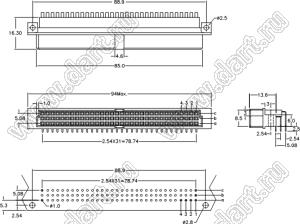 9001-B14961C00/HA (DIN 41612-96ABC-FR) розетка угловая с ключом полярности 3-х рядная; 96-конт.; P=2,54мм