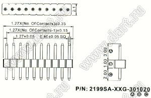 2199SA-08G-301020 вилка штыревая открытая прямая однорядная на плату для монтажа в отверстия, шаг 1,27мм, 1x8 конт.