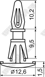 RCRA-9.5 фиксатор платы с двумя защелками; D=4,0мм; S=1,2...1,6мм; d отв.=6,35мм; t=1,0...1,6мм; нейлон-66; натуральный