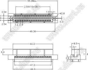 9001-1632IDC00A (DIN 41612-32ABC-FS-IDC) розетка IDC на плоской кабель с шагом 1.27 мм 3-х рядная; 32-конт.; P=2,54мм