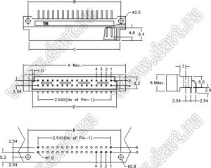 9001-35161C00L2A (DIN 41612-16A-MR) вилка угловая с замком в плату толщиной 2,8…3,2 мм 2-х рядная; 16-конт.; P=2,54мм