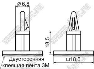 ASS-18.5(3M) фиксатор платы с защелкой на самоклеящейся площадке 18x18 мм; A=18,5мм; B=10,0мм; T=1,2...2,0мм; dп=4,0мм; нейлон-66 (UL); натуральный