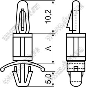 LCSD-9.5 фиксатор платы с двумя защелками; E=1,6мм; dп=4,0мм; s=Eмм; d отв.=4,8мм; t=2,0...3,2мм; нейлон-66 (UL); натуральный; A=9,5мм